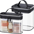 Clear Makeup Bag for Travel - TSA Approved Toiletry Bag, 2 Black | 1 Medium Quart Carry-On & 1 Large Checked-Luggage, Top Handle, Double Metal Zippers, 180° Opening, Clear Easy-Check, Women by Packism