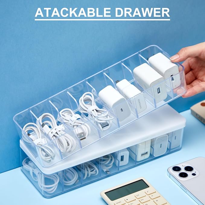 Tatuo 6 Pcs Cord Organizer for Drawer Desktop, Cable Organizer Box with 8 Compartments and Wire Ties, Plastic Charger Storage with Lid, Electronics Case for Home Office Accessories (Small,Clear,White) - Image 3