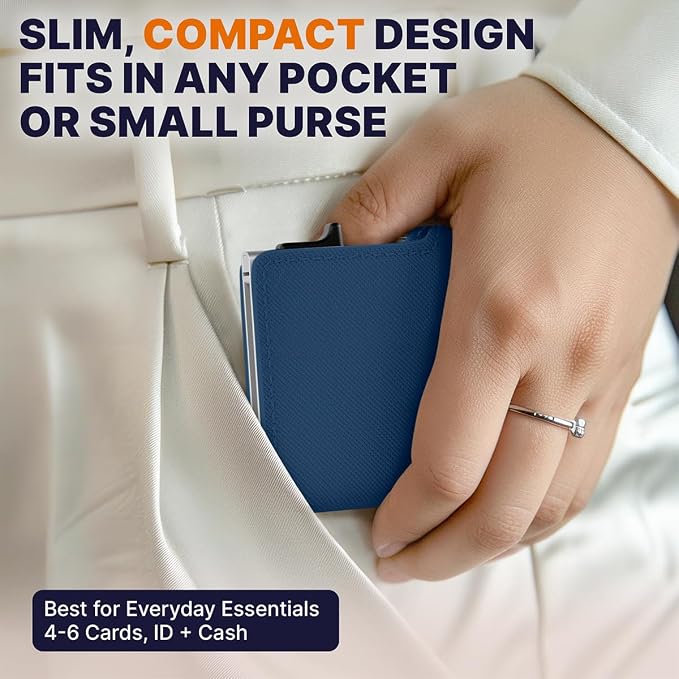 Pop Up Wallet for Women | RFID Blocking Slim Card Holder for Small Purse & Crossbody Bag | Compact Aluminum Wallet | Holds 4–6 Cards | Saffiano Navy Blue - Image 4