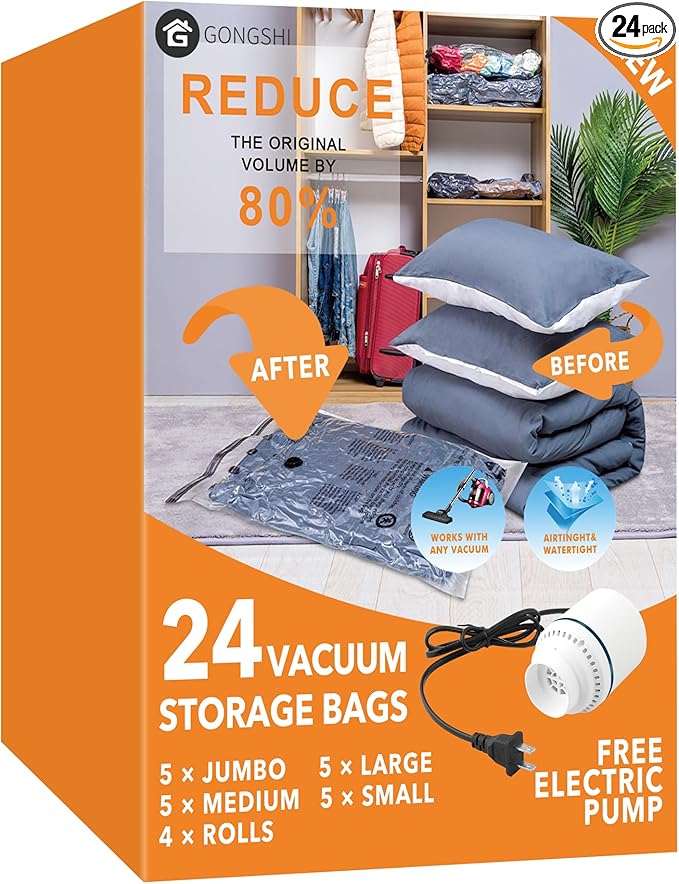 GONGSHI Vacuum Seal Bags for Clothing Travel & Home Storage, Travel Vacuum Bags with Pump,Space Saver for Blankets, Comforters, Pillows, Clothes,24 Combo with Electric Pump by GONGSHI