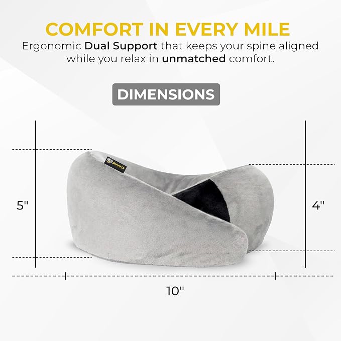 Travel Neck Pillow – Airplane Travel Essentials with Ergonomic Memory Foam Comfort – Premium Travel Pillows for Airplanes and Long Journeys, Compact Carry Pouch (Grey) - Image 2