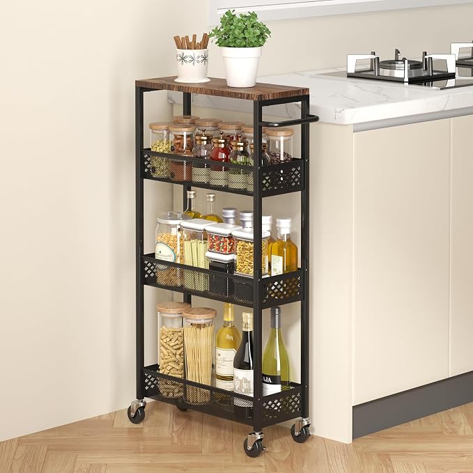 XYZLVSI Utility Slim Storage Cart, 4 Tier Kitchen Narrow Shelf on Wheels | 7.1" W skinny rolling cart with wooden top and metal handle, ideal for bathroom/dorm/office, between washer and dryer storage - Image 8
