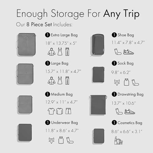 (Not Made In China) Packing Cubes For Travel, Luggage and Suitcase Organizer Bags, Carry On and Backpack Space Savers, Lightweight Waterproof Nylon, 8pc Set, Pewter - Image 2