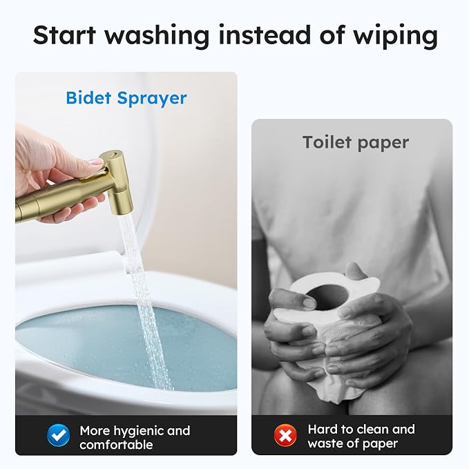 Arofa Handheld Bidet Sprayer, Bidet Attachment for Toilet, Brushed Gold | Adjustabel Water Pressure, Leak-Free Hose, Fits Two-Piece Toilets, Feminine/Baby/Pet Wash, Cloth Diaper Rinse, Easy Install - Image 3
