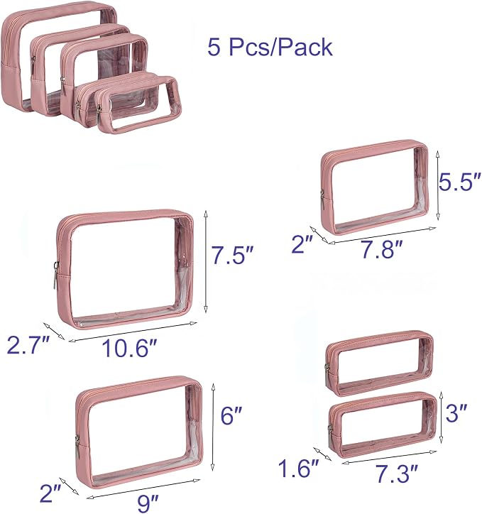 Remobia Hicol TSA Approved 5-Piece Diaper Bag Organizer Pouch Set Clear Waterproof TPU Kids Toiletry Storage Set Travel Packing Clutch Cube Bags for Baby Nursing (Light Pink Leather) - Image 2