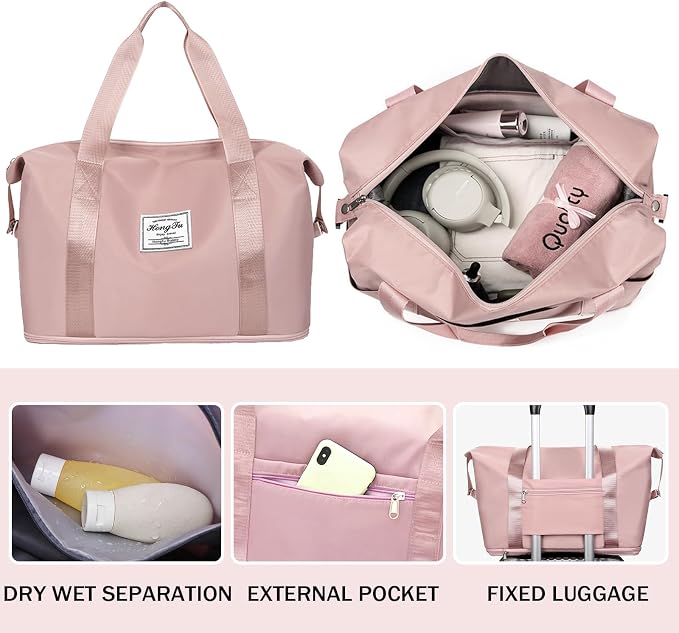 INVODA Travel Duffel Bag For Women and Men Waterproof Expandable Weekender Overnight Bag Carry on Tote Bag Dry Wet Separation Swim Sports Travel Gym Bag (Dark Pink) - Image 7