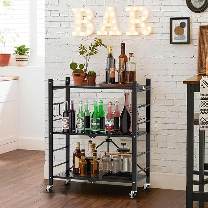 Himix 3 Tier Foldable Storage Shelf with Wheels 6 Hooks No Assembly Black | Metal collapsible organization, Folding shelves rack, Wire shelving, Unit rolling cart, Kitchen, Garage, Holds 792 Ibs - Image 2