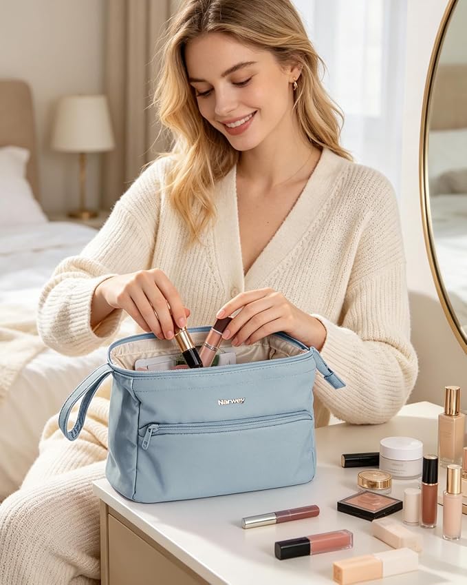 Narwey Large Travel Makeup Bag For Women Girls, Wide Open Cosmetic Bag, Portable Toiletry Bag for Cosmetics, Toiletries, Skincare, Brushes (Greyish Blue) - Image 8