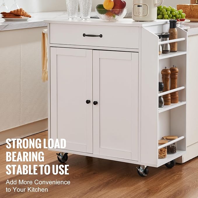 VEVOR Kitchen Island Cart, 32" Mobile Carts with Storage Cabinet, Rolling Table with Power Outlet, Spice Rack, Towel Bar, Adjustable Shelf, Drawer, Dining Living Room Portable Islands on Wheels, White - Image 5
