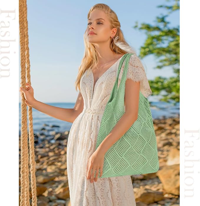 Sightor Crochet Tote Bag, Mesh Beach Bag Knit Summer Hobo Bag for Women | Beach Tote bag Vacation Outfits Aesthetic Boho Bag - Image 3