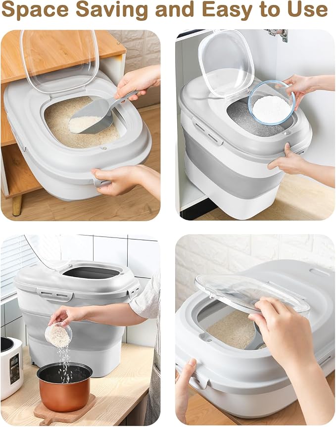 20-50 Lbs Airtight Food Storage Container Wheels,Collapsible Rice Container | Flour Storage Container with Double Airtight Seal,Rice Storage Container with Magnetic Lid,Keep Fresh for Pet Food,Rice,Flour - Image 5