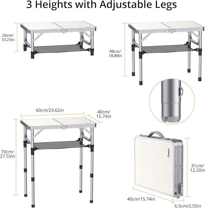 Anbte Folding Camping Table, 24"X 16" Adjustable Height Small Folding Table | Aluminum, with Carrying Handle, Lightweight, Portable Camping Table for Outdoor Indoor Picnic Beach BBQ Grill Patio (Silver) - Image 3