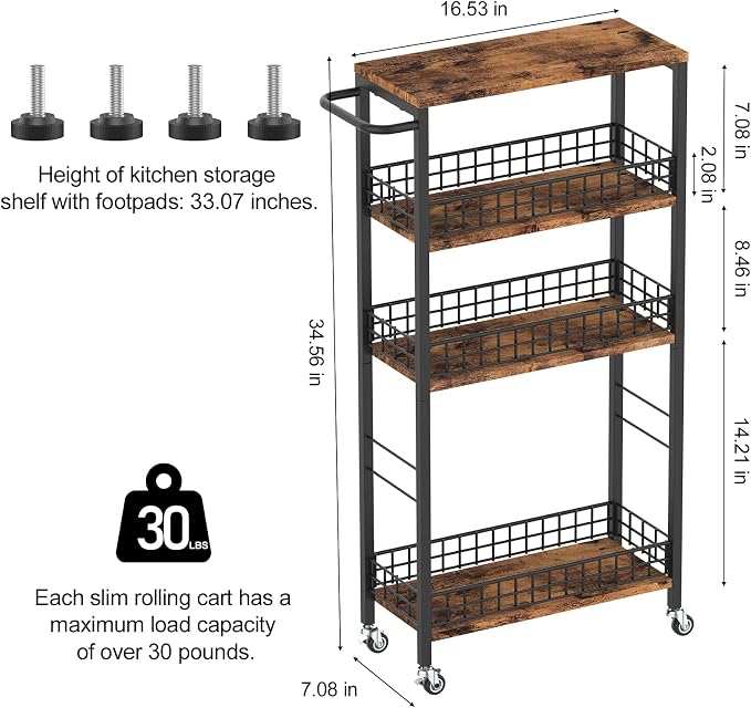 NOVIMANGO Slim Storage Cart Narrow Laundry Cart 4 Tier, Black | Rolling Kitchen Cart with Wheels, Narrow Bathroom Cart, with Handle for Small Spaces, with Wood Tabletop - Image 7