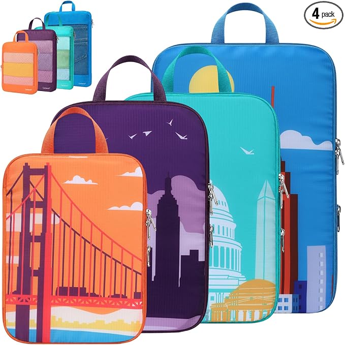 Cambond Compression Packing Cubes for Travel Women - City Landmarks Pattern | 4 Set Keep Clothes Sorted, See Through Mesh, Compression Zip Design, Lightweight, Luggage Space Tidy, Carry on Packing Fast by Cambond