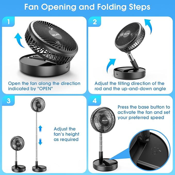 Belife X8-Lite Portable Camping Fan for Travel | 7200mAh Rechargeable Battery Powered Fans, USB Desk Fan with Remote, Foldable Cordless Floor Fan for Bedroom, 7.7" - Image 6