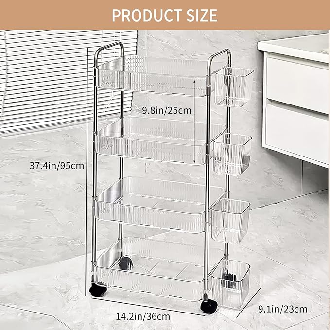 4 Tiers Rolling Storage Cart with Hanging Basket Acrylic Organizer | Acrylic Rolling Cart with Hanging Basket and Lockable Wheels, Ideal for Home, Office, Kitchen and Bathroom Storage - Image 2