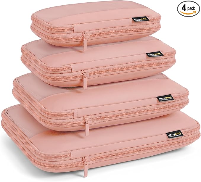 4 Piece Compression Packing Cubes for 3–7 Day Travel, Dusty Pink | Wrinkle-Resistant Memory Fabric, Breathable Mesh Panel, Double-Zipper, Small to Large Size Bag, Smart Organization by SOARSAIL