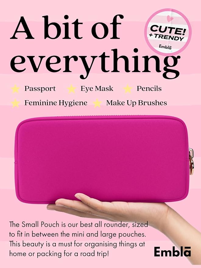 Embla Makeup Bag Travel Cosmetics Pouch and Toiletry Bag, Nylon Zipper Pouch Purse, Cute Make Up Organizer Storage Tote for Women Girls, Waterproof Travel Skincare Case, Small Makeup Bags, Fuchsia - Image 3