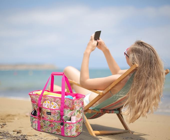 KABAQOO Mesh Beach Bag, Extra Large Beach Bags with 9 Pockets & Zipper Waterproof Lightweight Beach Tote for Beach/Pool Trip - Image 3
