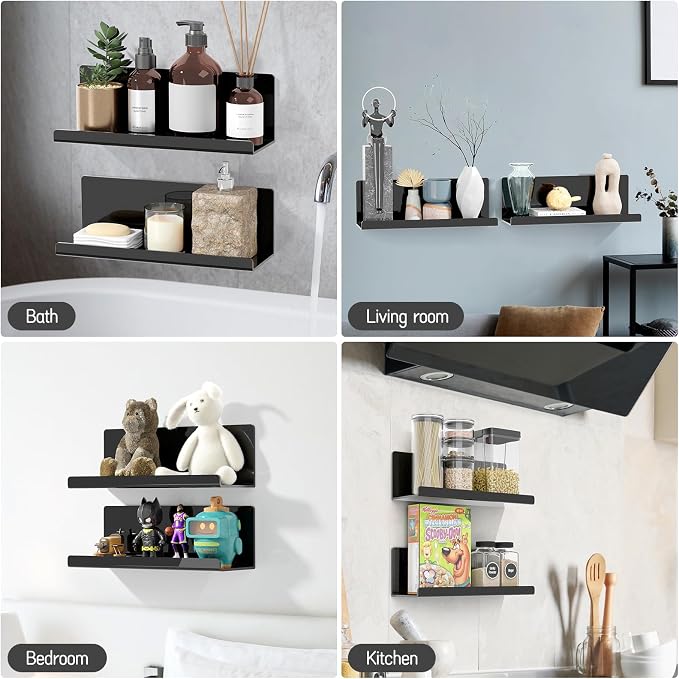 PAVSTINE Acrylic Floating Shelves for Wall No Drilling, Self Adhesive Space-Saving Shelves, 12 Inch Floating Shelf Stick on Wall Shelf, for Bathroom, Kitchen, Bedroom, Office, Gaming Room, Black - Image 6