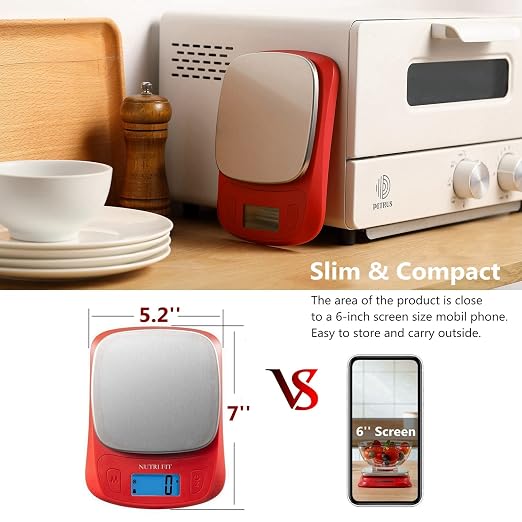 Ultra Slim Food Scale Digital Kitchen Scales Weight Grams Oz Red | Stainless Steel Panel, 1g Increment, Max 11lbs, Backlit Screen, High Precision, Coffee Making, Meal Prep, Include Batteries - Image 7