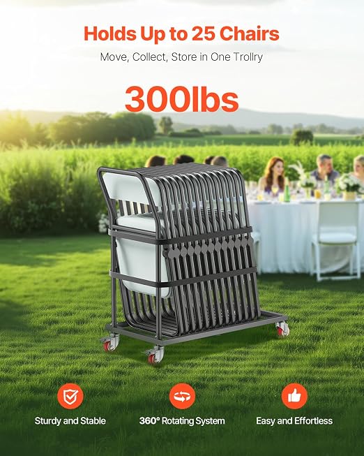VEVOR Folding Chair Rack, 300 LBS Capacity, L-Shape Vertical Placement Chair Cart for 25 Chairs, Heavy-Duty Metal Chair Storage Dolly with Rubber Wheels, Multi-Function Chair Holder, Matte Black | Folding Chair Rack with Rubber Wheels, Heavy-Duty Metal... - Image 2