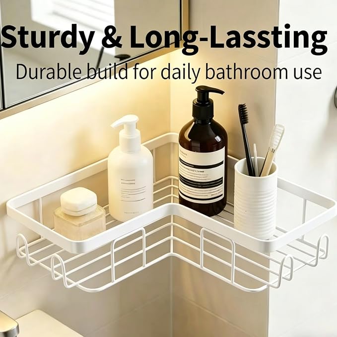 Shower Caddy 2 Pack, No Drilling Adhesive Bathroom Organizer Shelf Rack, Corner Shower Shelf with Hooks for Home Decor & Storage - Image 2