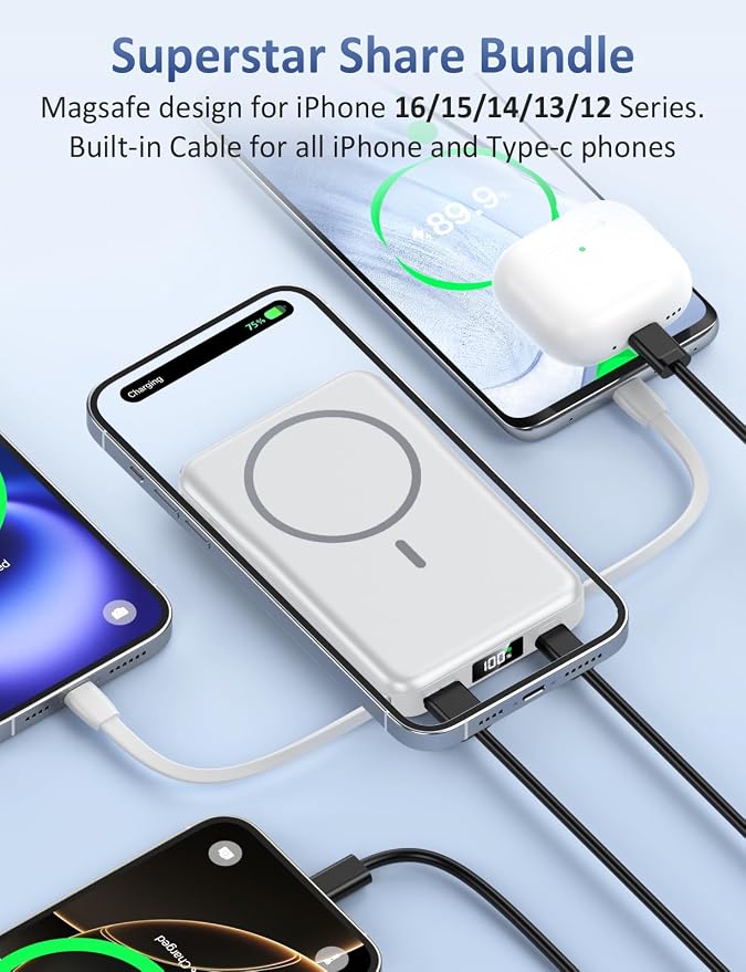 Magnetic Portable Charger 10000mAh, 20W Power Bank with Built in Cable | 20W Fast Charging for Magsafe Battery Pack with LED Display, Travel Essential for iPhone 17/16/15/14/13/12 Pro/Pro Max-White - Image 2