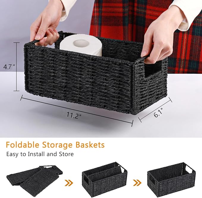 Wicker Storage Basket, Set of 2 Hand-Woven Paper Rope Wicker Basket, Small Storage Baskets for Organizing Toilet Paper Basket, Foldable Large Cube Storage Organizer Bins for Shelves (Black) - Image 2