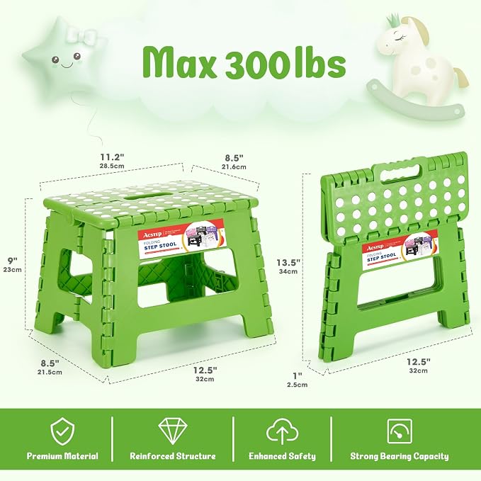 Folding Step Stool 9 Inch for Kids and Adults, 300 lbs, Green | Lightweight Plastic Small Foldable Step Stool with Handle, Non-Slip, for Kitchen, Bathroom, Bedroom and Closet - Image 4