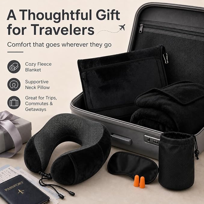Travel Blanket and Pillow Set - Neck Pillow Airplane Essentials, Black | Memory Foam, Sleep Mask, Earplugs with Bag, Fleece Soft Comfort for Long Plane Flight Traveling Car Road Trip Flying - Image 7