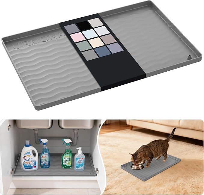 URMONA Waterproof Silicone Under Sink Mat 16'' x 10'' Shelf Liner for Kitchen and Bathroom, Cabinet and Counter Protector, Storage and Organizers, Litter Mat, Pet Cat Puppy Essentials(Beige) by URMONA