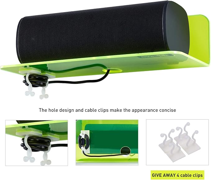 OAPRIRE 9 Inch Floating Wall Shelves Set of 2 - Personalize Expand Wall Space - Acrylic Small Wall Shelf for Bathroom, Bedroom, Living Room, Office, with Cable Clips - Clear Green | Strong Tape Adhesive Wall Shelf, Easy Installation, Hole Design with C... - Image 5