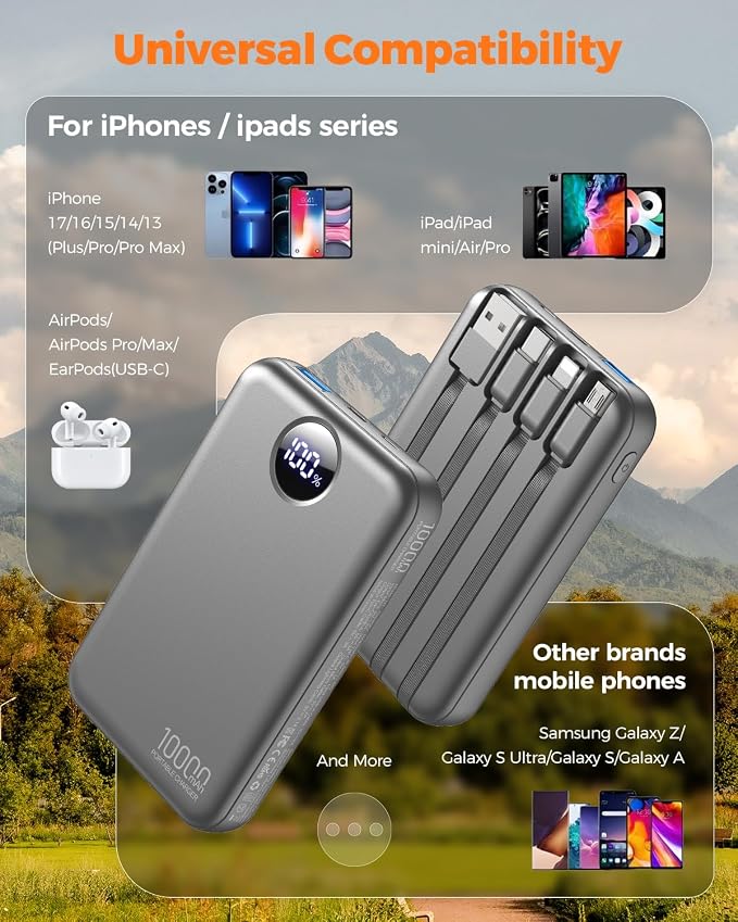 Portable Charger 10000mAh with 4 Built-in Cables 40% Smaller | Power Bank Fast Charging Battery Pack,LED Display Compact with Travel Charger for iPhone Other Devices-Grey - Image 4