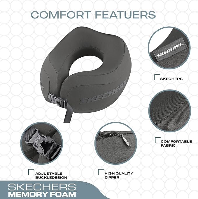Skechers Neck Pillow for Traveling,Memory Foam Travel Neck Pillow for Airplane Travel Pillow for Flight Headrest Sleep, Portable Plane Accessories,Gray - Image 3