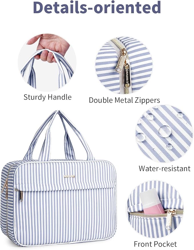 Narwey Striped Hanging Travel Toiletry Bag, Makeup Bag Organizer Make up Toiletries Bags for Full Size Essentials, Accessories, Brushes, Cosmetics (Greyish Blue Stripe, Large) - Image 5