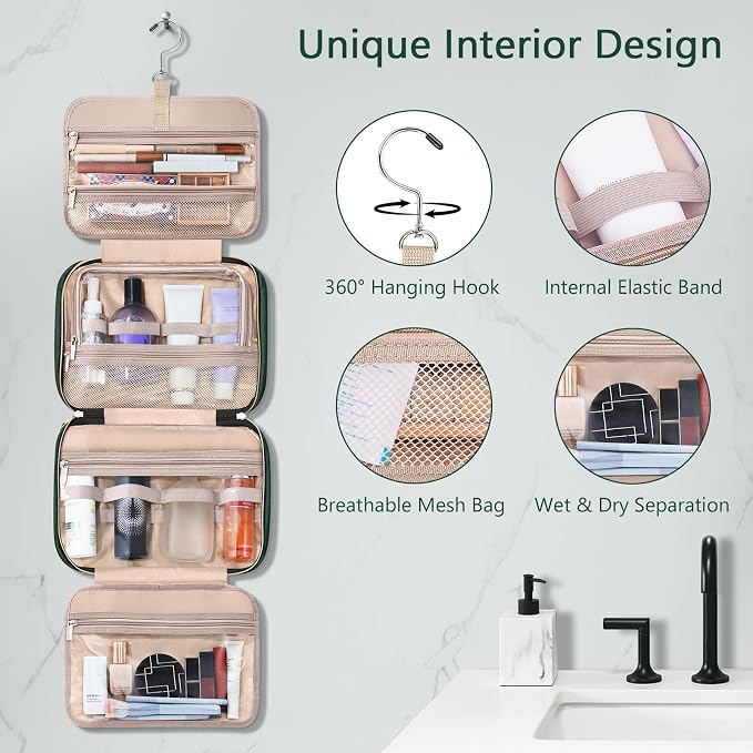 Toiletry Bag for Women, Hanging Travel Toiletry Bag with Jewelry Organizer Compartment Large Makeup Bag, PVC Waterproof Cosmetic Travel Bag Trips Camping Bathroom, Dark Green - Image 5