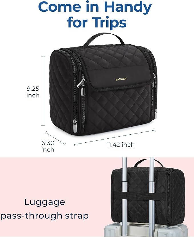 BAGSMART Hanging Travel Toiletry Bag, Large Capacity Water-resistant Cosmetic Organizer with Handle for Brushes Accessories, Black - Image 5