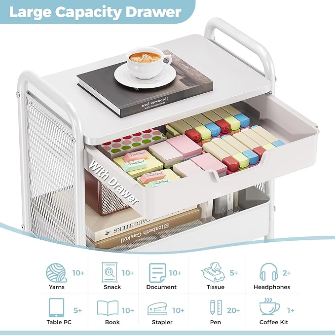KINGBOARD 3 Tier Metal Rolling Cart with Drawer, White Utility Storage Cart | 2 Cups & 4 Hooks, Lockable Wheels, Trolley Organizer for Bathroom, Kitchen, Office, Nursery, Dorm, Laundry, Craft Room - Image 3