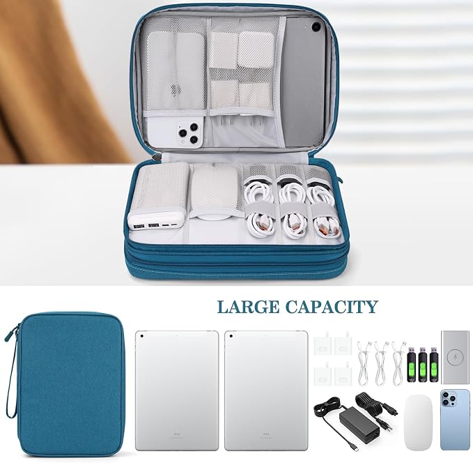 FYY Electronic Organizer, Travel Tech Pouch Bag, Extra Large, Dark Green | Wrist Strap, Waterproof, Double Layers Electronics Travel Case for iPad, Cord, Laptop Charger, Daily and Business Trips Use - Image 6