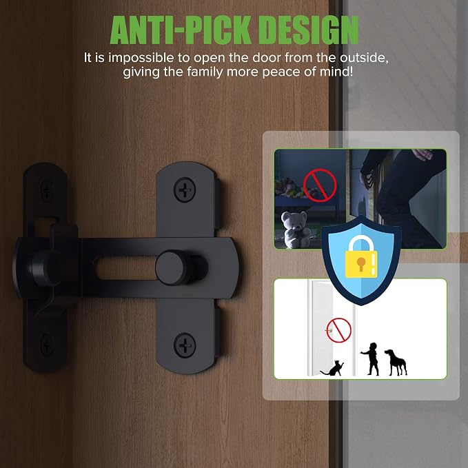 Barn Door Lock, 90 Degree Bifold Flip Door Latch, Black | Stainless Steel Angle Latch Lock for Barn, Bathroom, Outdoor, Garage - Image 3