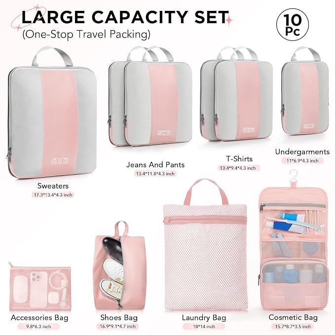 OlarHike 10-Pack Compression Packing Cubes for Travel Essentials,Compressible Expandable Packing Cubes for Suitcase,Luggage Garment Bags for Travel,Handy Helper for Organizing Clothes(Pink) - Image 2
