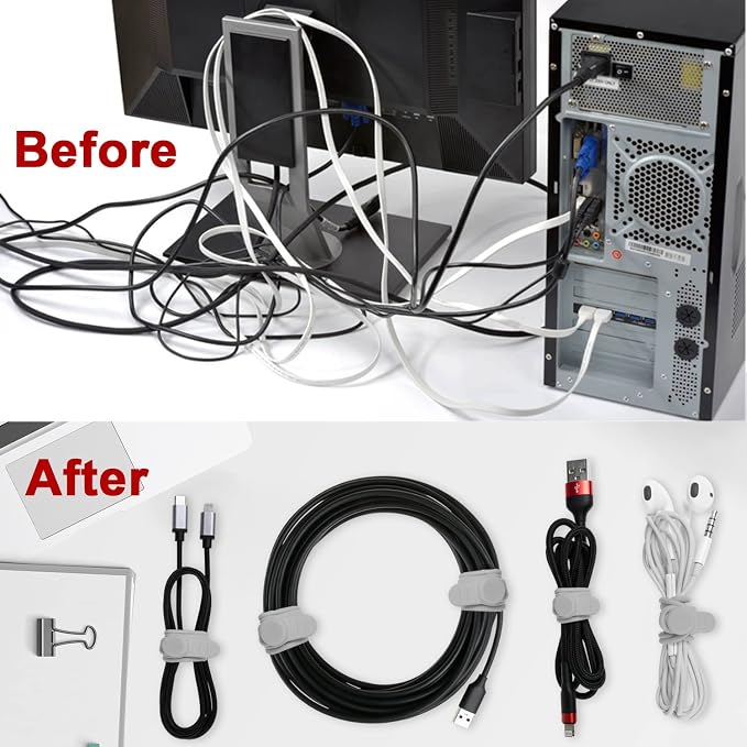 Silicone Cable Ties, Cord Organizer Cable Management(16Pcs-Grey) | Reusable Cord Ties for Electronics, Office Desk Accessories, Home Travel Essentials, Easy to Use, 4.2 Inch - Image 5
