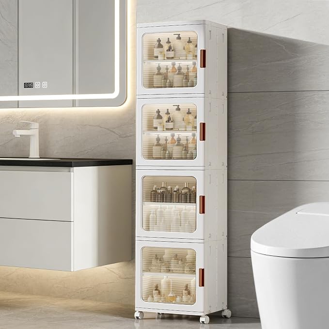 Tall Narrow Storage Cabinet, Plastic Organizer with Wheels, 4-Tier/White | Foldable Slim Cabinet for Bathroom, Kitchen, Laundry and Small Spaces, Adjustable Shelves & Magnetic Doors, Movable Wheels - Image 3