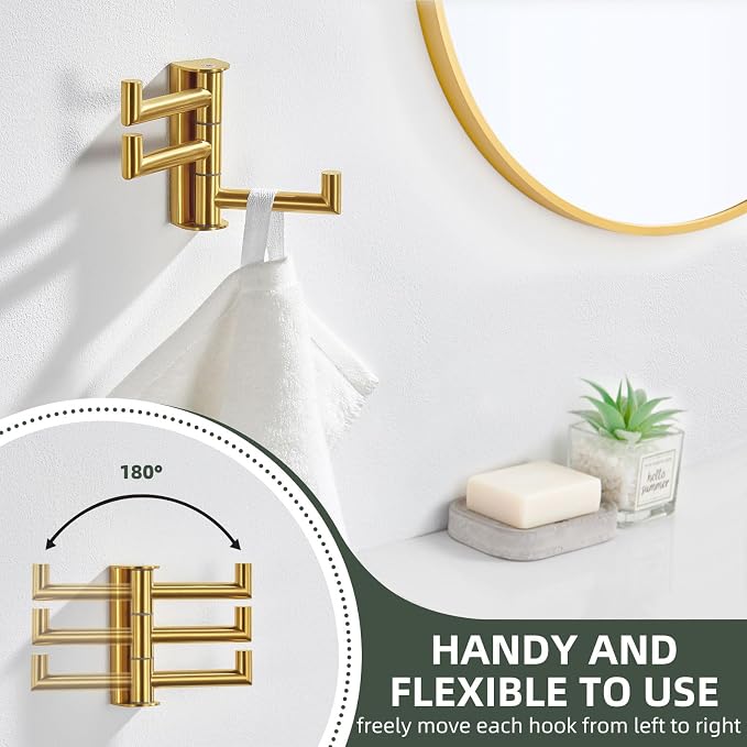 Angle Simple Swivel Towel Hook for Bathroom, Coat Hook Brushed Dark Gold | SUS304 Stainless Steel, 3 Foldable Arms, Space Saving Kitchen Hand Wash Towel Holder, Screws Mounted - Image 7