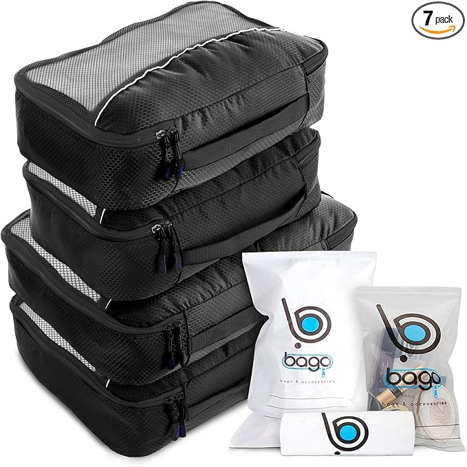 bago 7 Pcs Packing Cubes for Travel - 4 Travel Packing Cubes for Suitcases with 3 ZipLock Bags - Luggage Organizer Bags to Get Maximum Storage, Save Time & Effort to Pack (Black) by BagoTravelBags