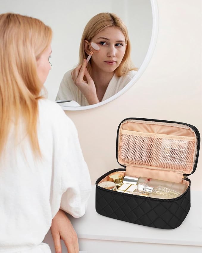 Relavel Small Travel Makeup Bag for Women, 2 Layer Makeup Organizer | Travel Cosmetic Bag with Separate Brush Compartment, Portable Make Up Storage with Handle for Short Trip, Gym - Image 8
