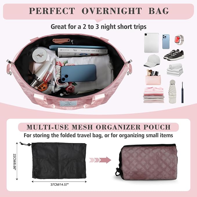 Geestock Travel Duffle Bag - Weekender Overnight Bags for Women, Pink | Travel Bag with Expandable Shoe Compartment & Trolley Sleeve, Lightweight Carry On Bag with Drawstring Storage Pouch for Trip - Image 4