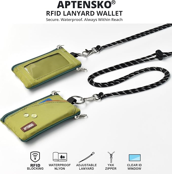 RFID Blocking Travel Wallet with Adjustable Lanyard, Small Nylon Zipper Pouch and Badge Holder for ID, Credit Cards, Cash, Keys, Commuters (Olive Green) - Image 2