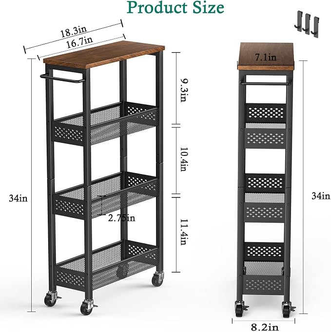 XYZLVSI Utility Slim Storage Cart, 4 Tier Kitchen Narrow Shelf on Wheels | 7.1" W skinny rolling cart with wooden top and metal handle, ideal for bathroom/dorm/office, between washer and dryer storage - Image 6
